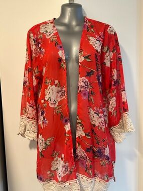 Rewind Large Floral Lace Trim Red Kimono Robe Swim Cover